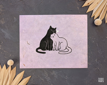 Snuggly Cats & Silver Heart Linocut Print ✷ 35% Off!