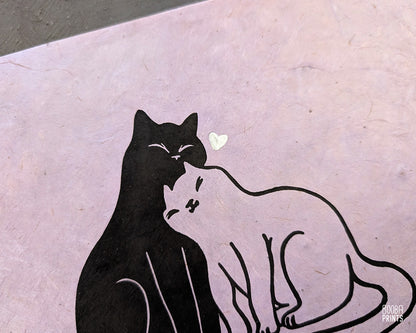 Snuggly Cats & Silver Heart Linocut Print ✷ 35% Off!