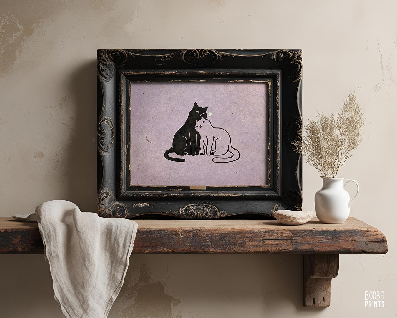 Snuggly Cats & Silver Heart Linocut Print ✷ 35% Off!