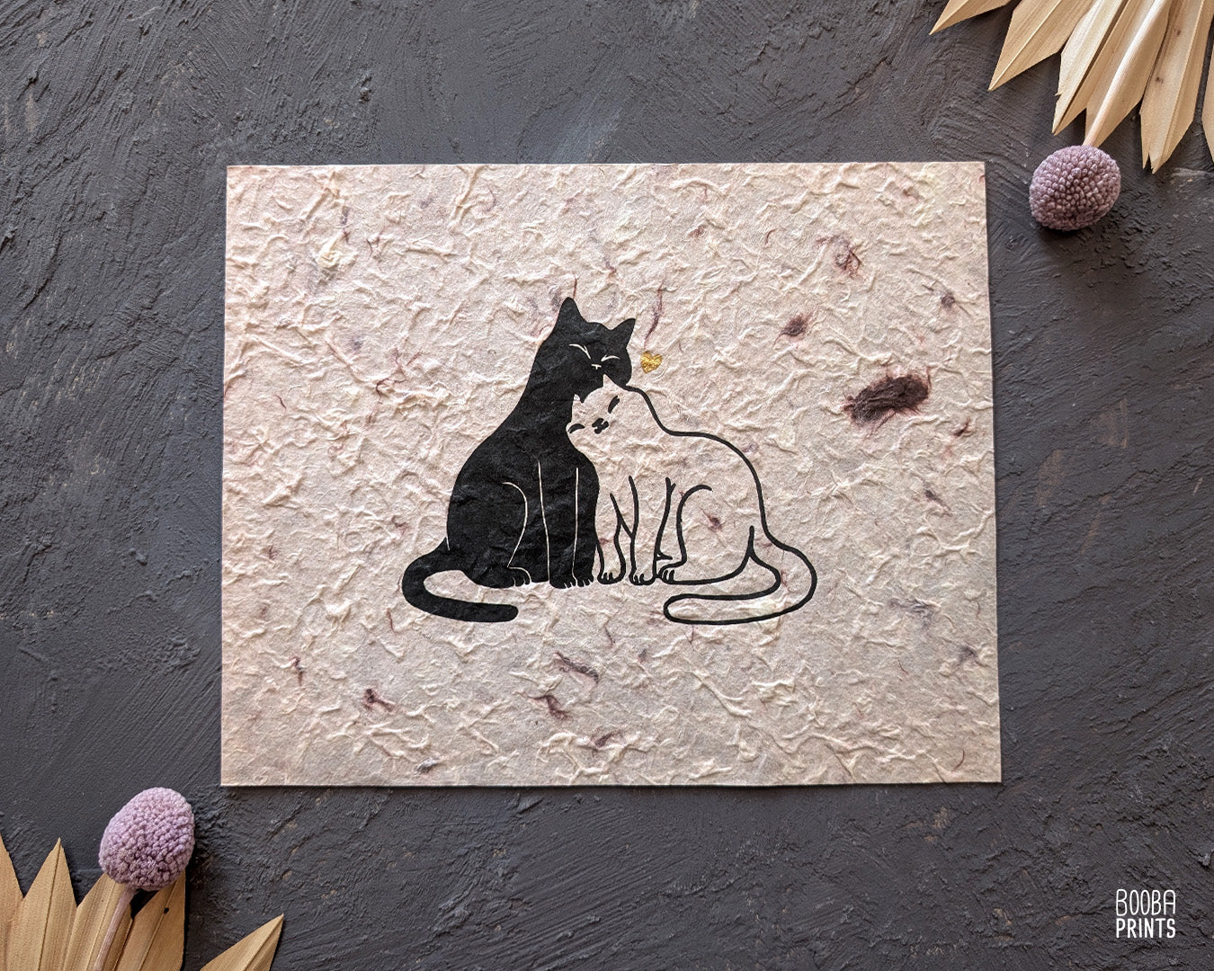 Snuggly Cats & Silver Heart Linocut Print ✷ 35% Off!