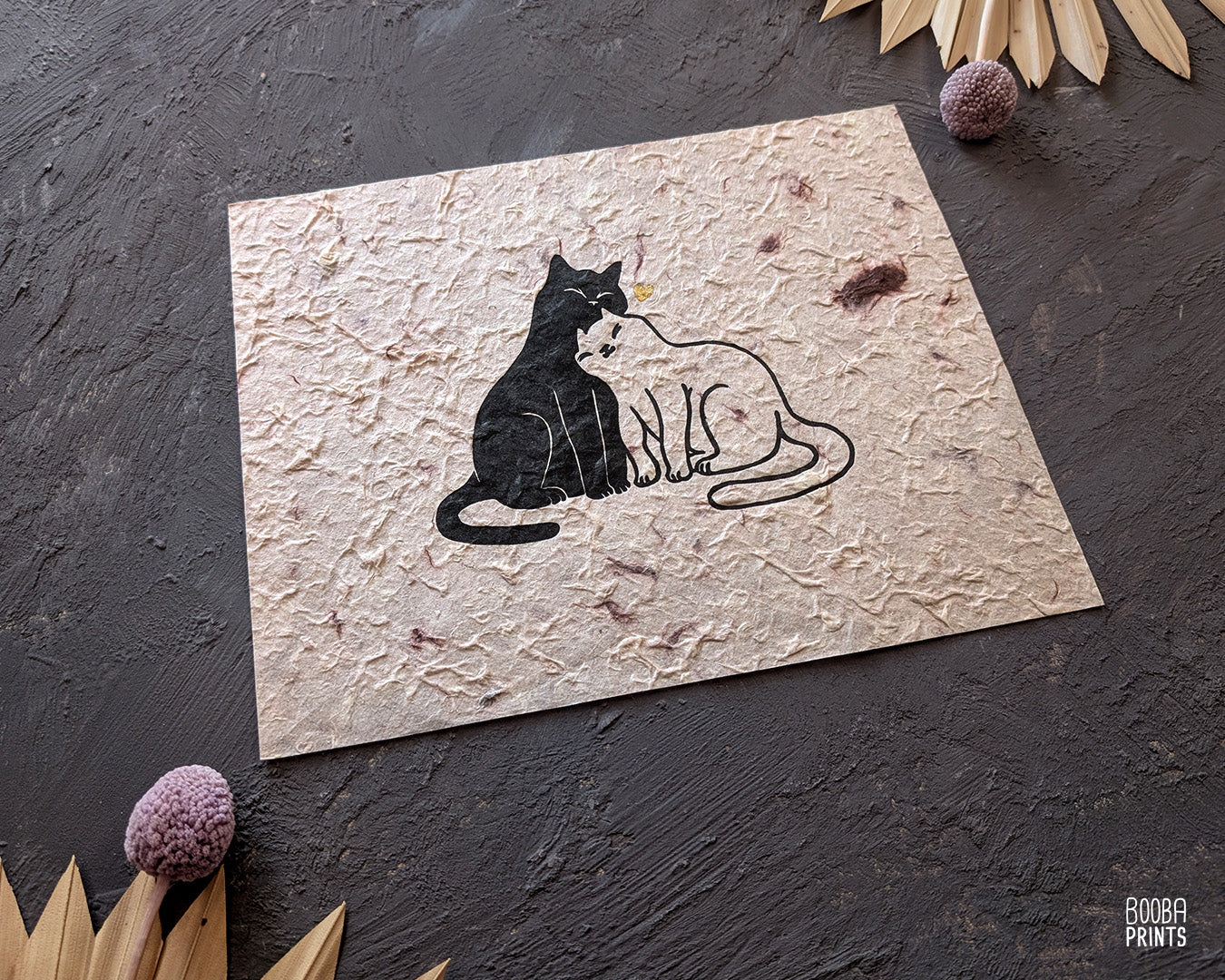 Snuggly Cats & Silver Heart Linocut Print ✷ 35% Off!