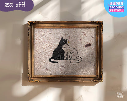 Snuggly Cats & Silver Heart Linocut Print ✷ 35% Off!