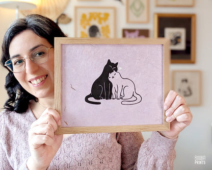 Snuggly Cats & Silver Heart Linocut Print ✷ 35% Off!