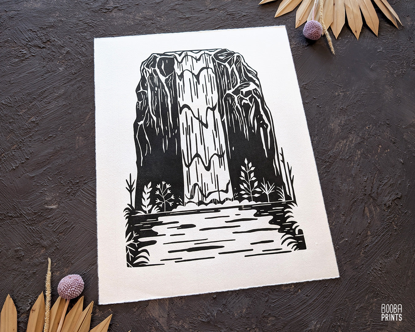 Waterfall Black & White Linocut Print ✷ 55% Off!