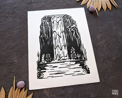 Waterfall Black & White Linocut Print ✷ 55% Off!