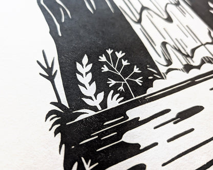 Waterfall Black & White Linocut Print ✷ 55% Off!