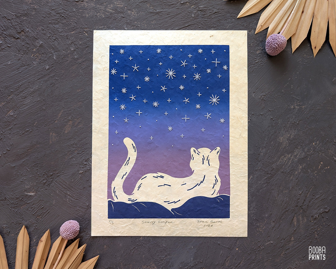 Starry Horizon Linocut Print with Embroidered Glow In The Dark Thread ✷ LIMITED EDITION of 5