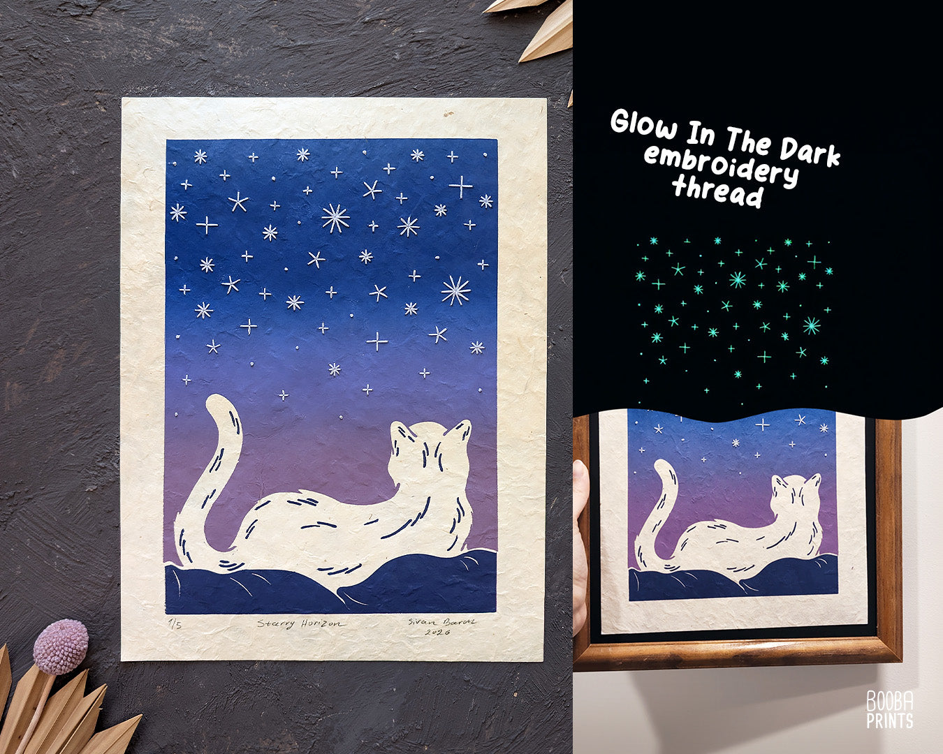 Starry Horizon Linocut Print with Embroidered Glow In The Dark Thread ✷ LIMITED EDITION of 5