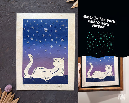 Starry Horizon Linocut Print with Embroidered Glow In The Dark Thread ✷ LIMITED EDITION of 5