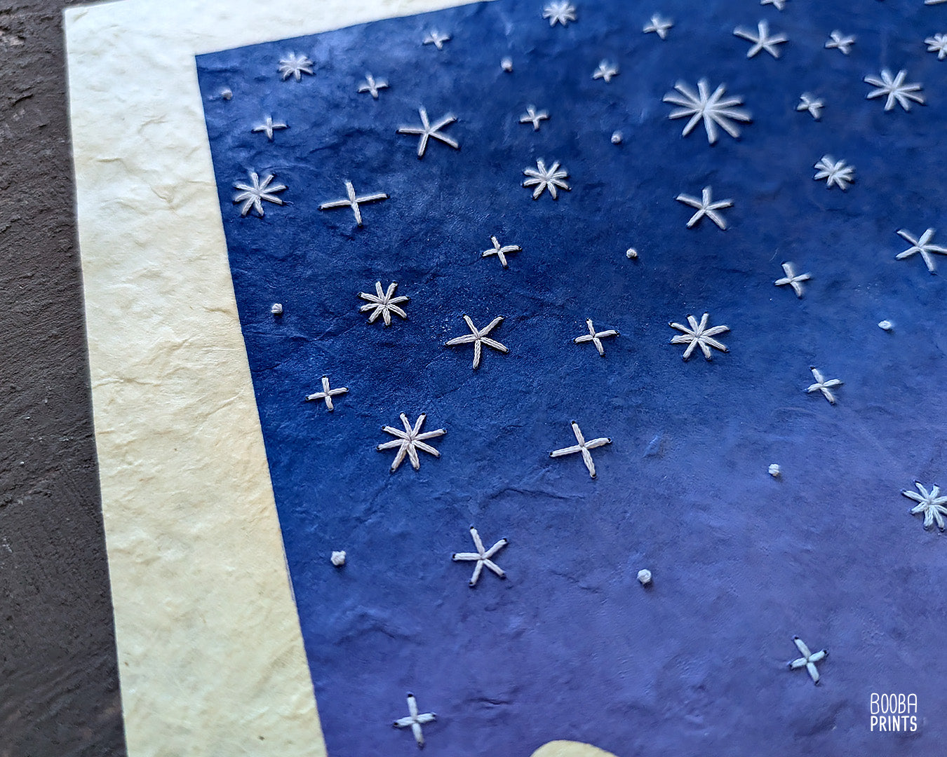 Starry Horizon Linocut Print with Embroidered Glow In The Dark Thread ✷ LIMITED EDITION of 5