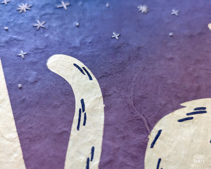 Starry Horizon Linocut Print with Embroidered Glow In The Dark Thread ✷ LIMITED EDITION of 5