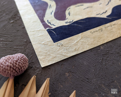 Starry Horizon Linocut Print with Embroidered Glow In The Dark Thread ✷ LIMITED EDITION of 5