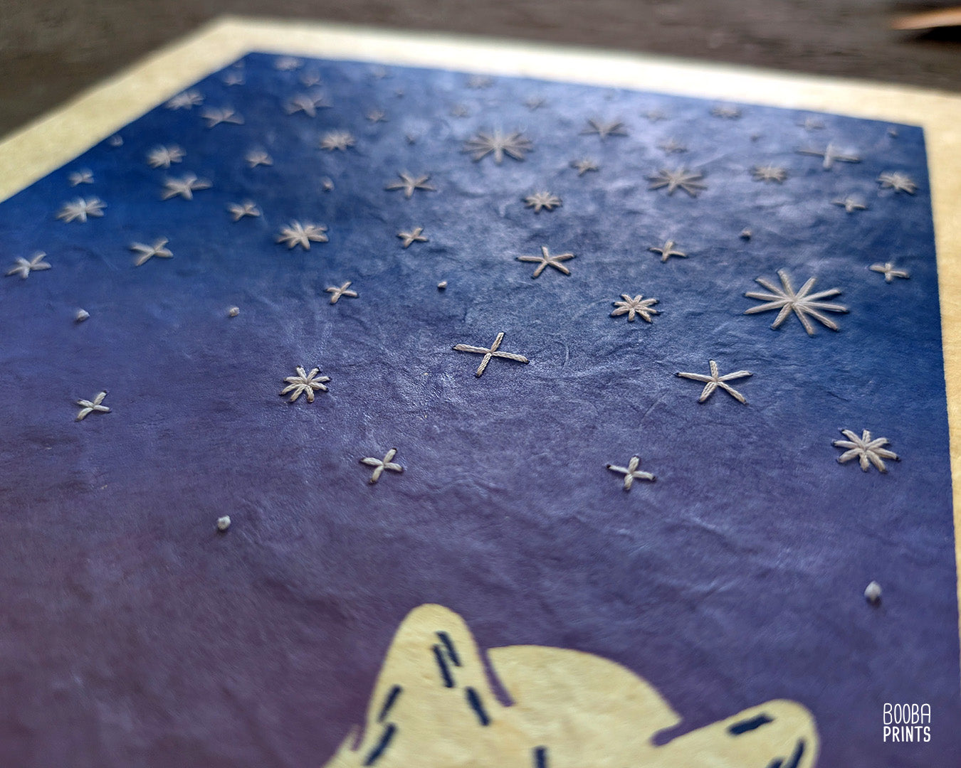 Starry Horizon Linocut Print with Embroidered Glow In The Dark Thread ✷ LIMITED EDITION of 5