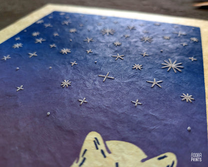 Starry Horizon Linocut Print with Embroidered Glow In The Dark Thread ✷ LIMITED EDITION of 5