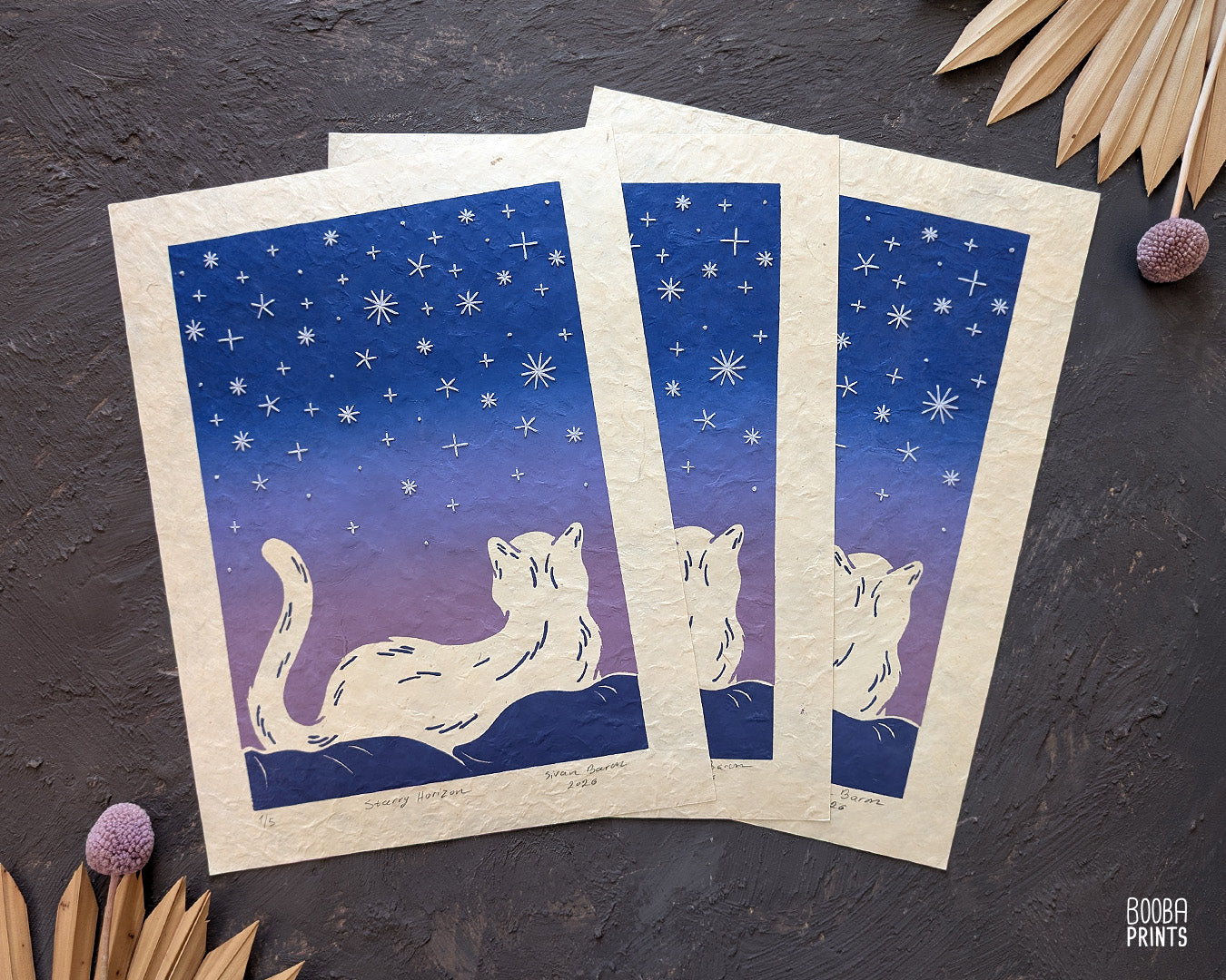 Starry Horizon Linocut Print with Embroidered Glow In The Dark Thread ✷ LIMITED EDITION of 5