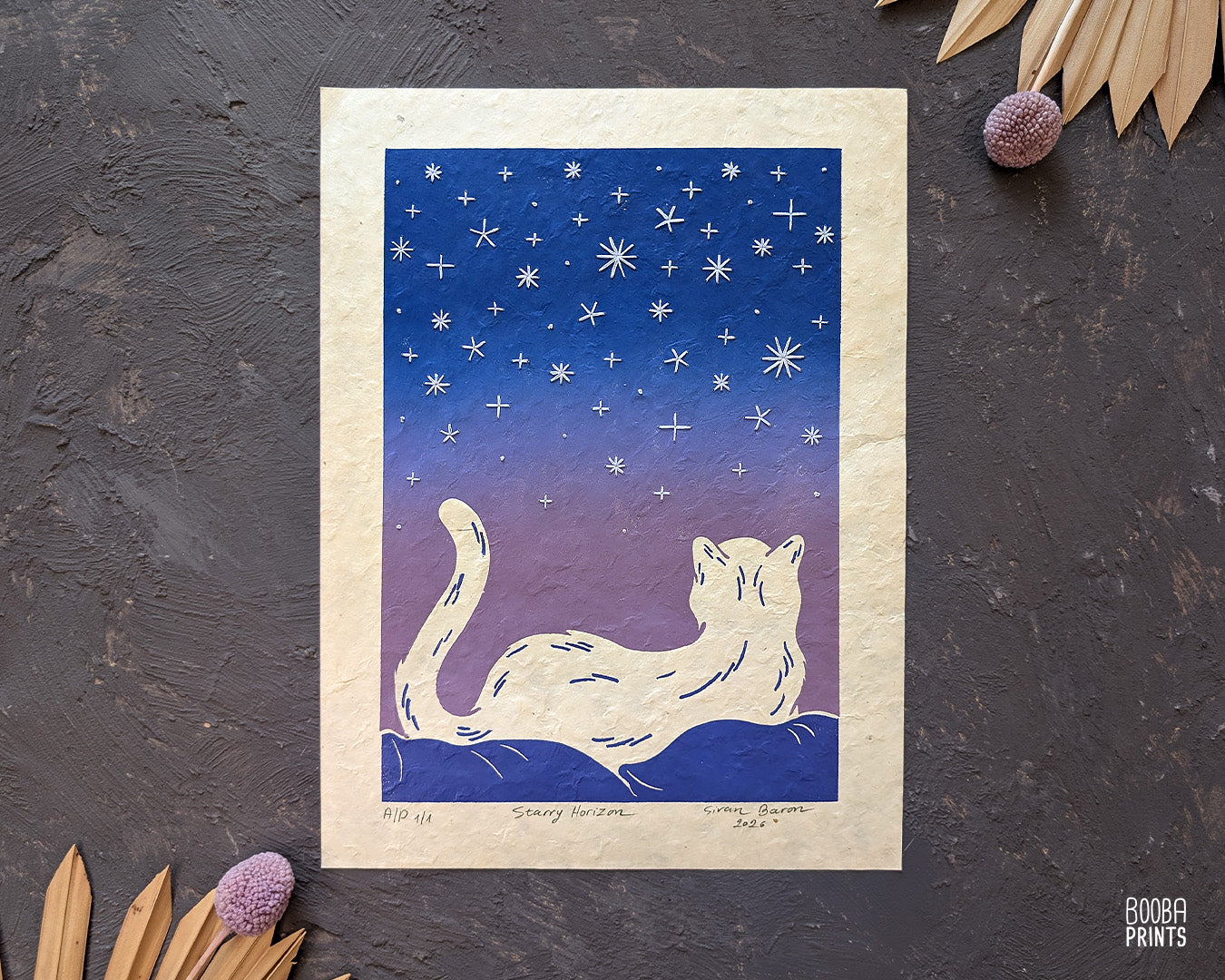 Starry Horizon Linocut Print with Embroidered Glow In The Dark Thread ✷ LIMITED EDITION of 5