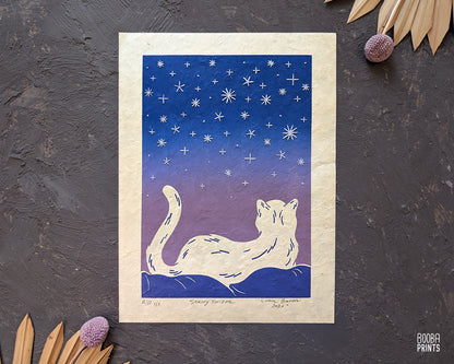 Starry Horizon Linocut Print with Embroidered Glow In The Dark Thread ✷ LIMITED EDITION of 5