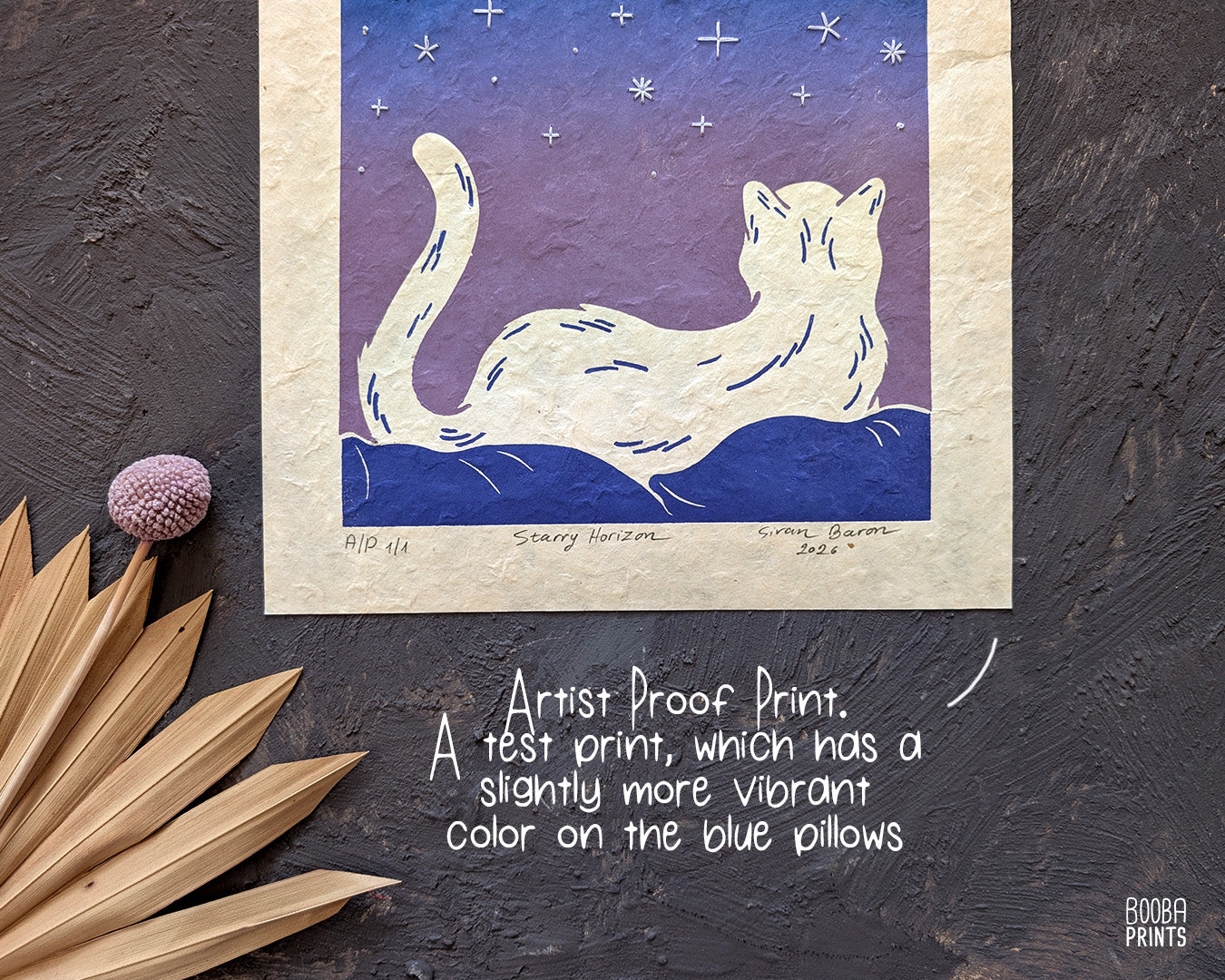 Starry Horizon Linocut Print with Embroidered Glow In The Dark Thread ✷ LIMITED EDITION of 5