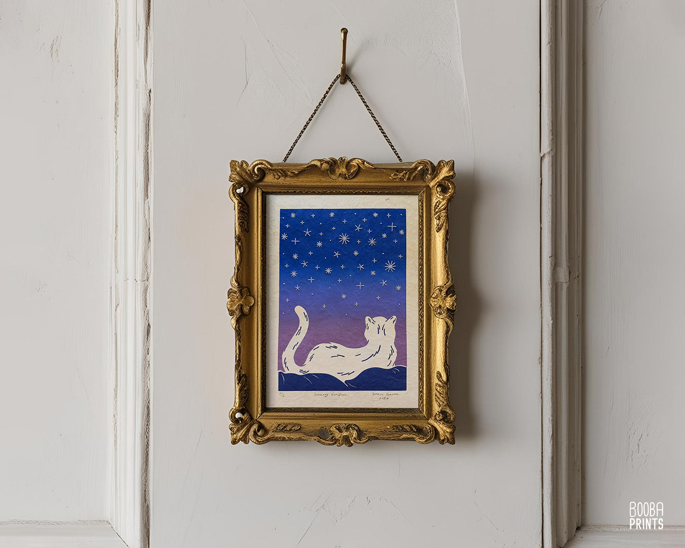 Starry Horizon Linocut Print with Embroidered Glow In The Dark Thread ✷ LIMITED EDITION of 5