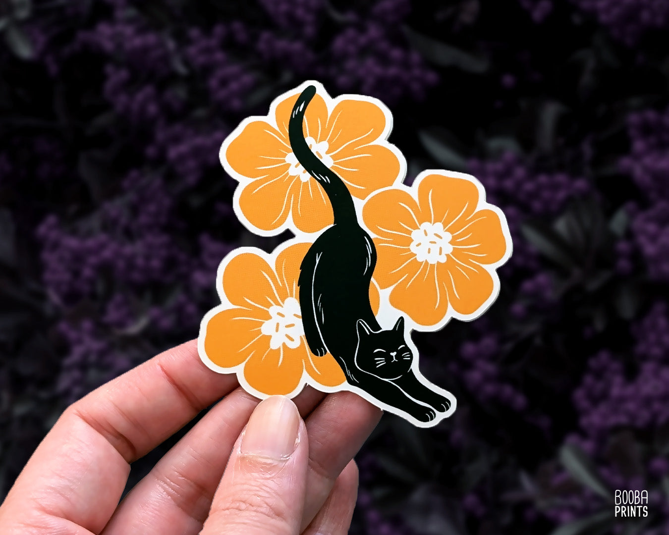 Matte, waterproof vinyl sticker of my Stretchy Cat & Orange Flowers. Cute sticker for cat lovers, cute sticker to place on your laptop, bottle, laptop or planner, Cute stationary sticker. Art by Booba Prints