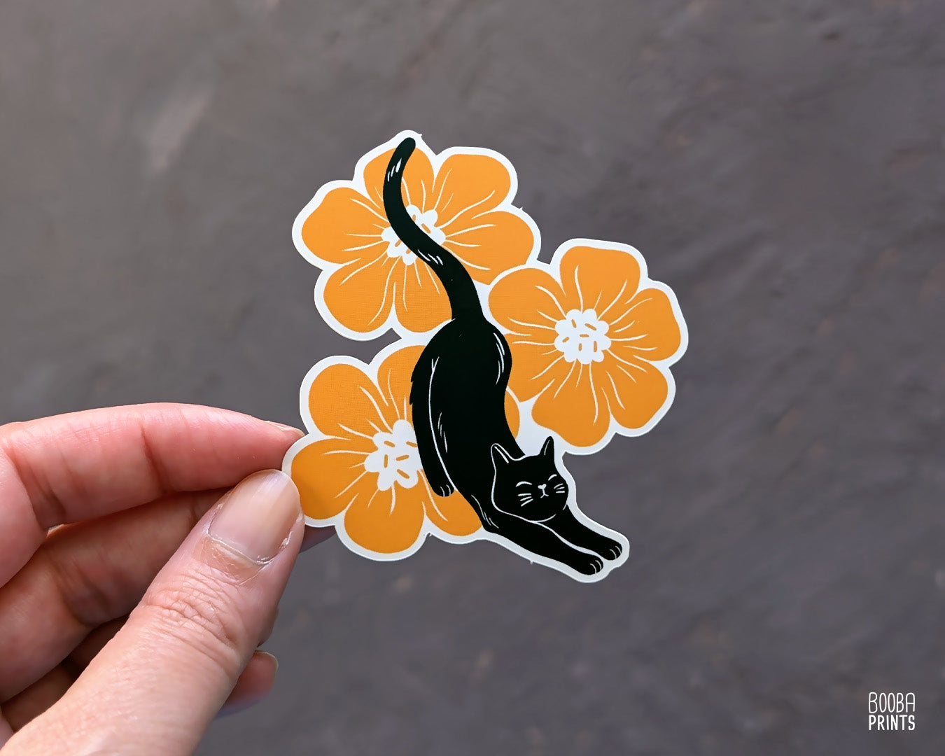 Matte, waterproof vinyl sticker of my Stretchy Cat & Orange Flowers. Cute sticker for cat lovers, cute sticker to place on your laptop, bottle, laptop or planner, Cute stationary sticker. Art by Booba Prints