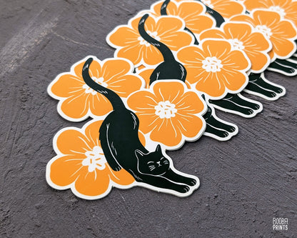 Matte, waterproof vinyl sticker of my Stretchy Cat & Orange Flowers. Cute sticker for cat lovers, cute sticker to place on your laptop, bottle, laptop or planner, Cute stationary sticker. Art by Booba Prints