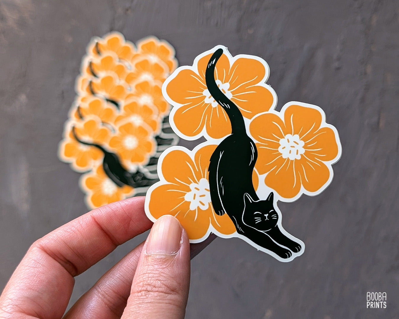 Matte, waterproof vinyl sticker of my Stretchy Cat & Orange Flowers. Cute sticker for cat lovers, cute sticker to place on your laptop, bottle, laptop or planner, Cute stationary sticker. Art by Booba Prints