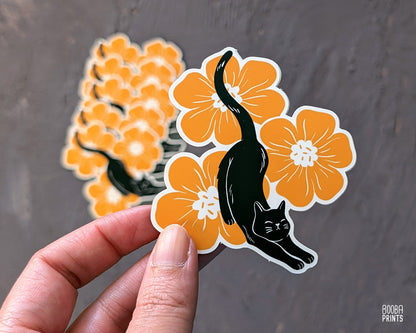 Matte, waterproof vinyl sticker of my Stretchy Cat & Orange Flowers. Cute sticker for cat lovers, cute sticker to place on your laptop, bottle, laptop or planner, Cute stationary sticker. Art by Booba Prints