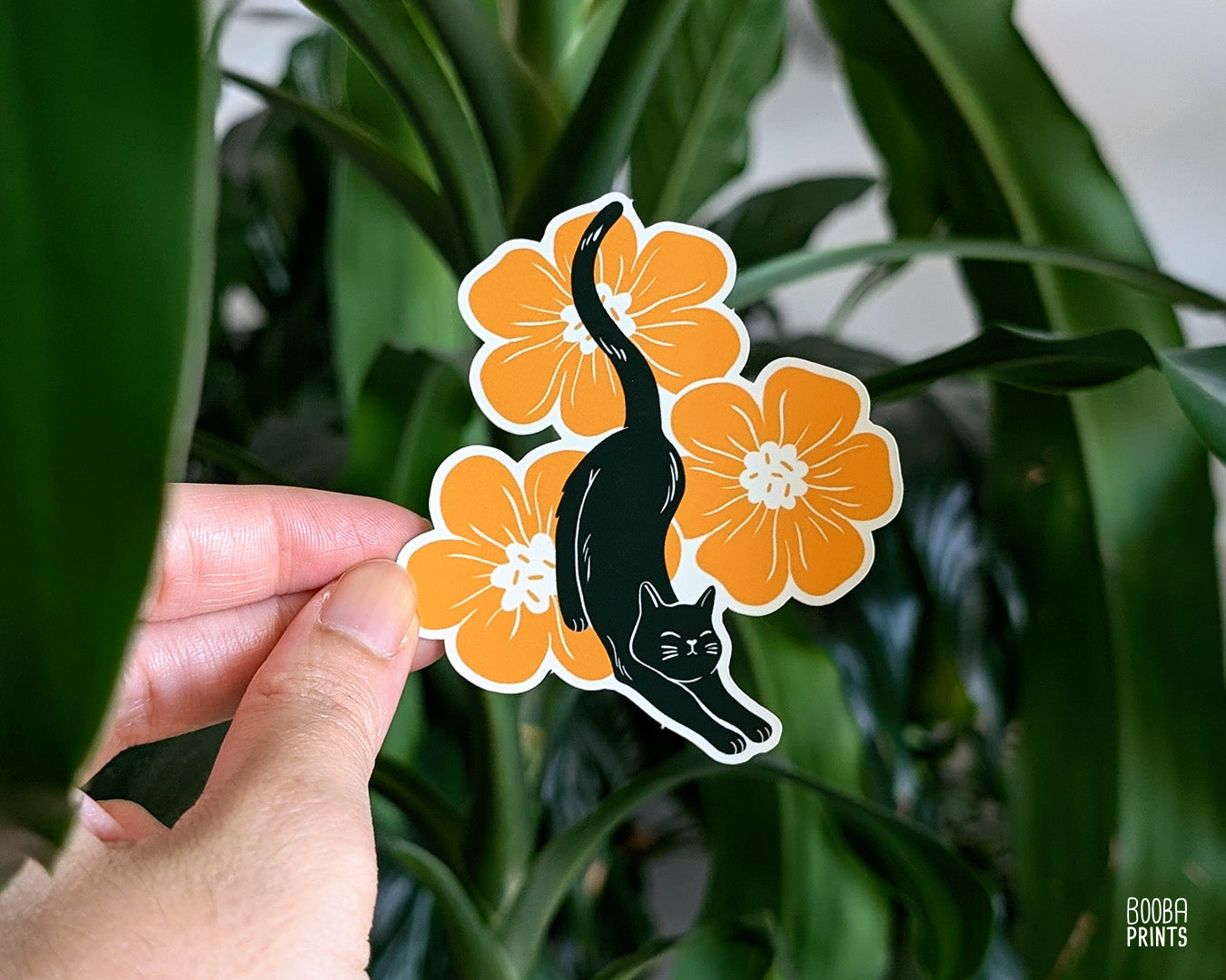 Matte, waterproof vinyl sticker of my Stretchy Cat & Orange Flowers. Cute sticker for cat lovers, cute sticker to place on your laptop, bottle, laptop or planner, Cute stationary sticker. Art by Booba Prints