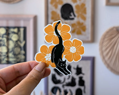 Matte, waterproof vinyl sticker of my Stretchy Cat & Orange Flowers. Cute sticker for cat lovers, cute sticker to place on your laptop, bottle, laptop or planner, Cute stationary sticker. Art by Booba Prints