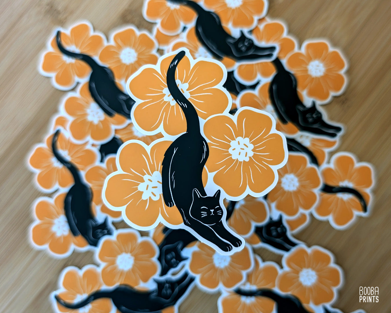 Matte, waterproof vinyl sticker of my Stretchy Cat & Orange Flowers. Cute sticker for cat lovers, cute sticker to place on your laptop, bottle, laptop or planner, Cute stationary sticker. Art by Booba Prints