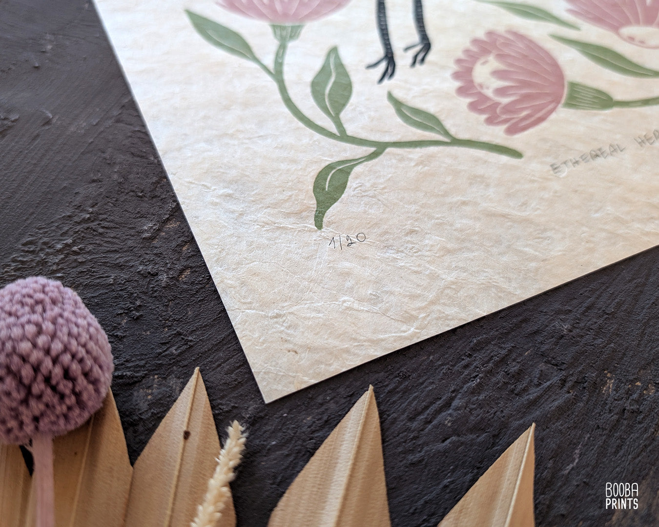 Heron and Flowers Linocut Print ✷ Ethereal Heron Nature Wall Art