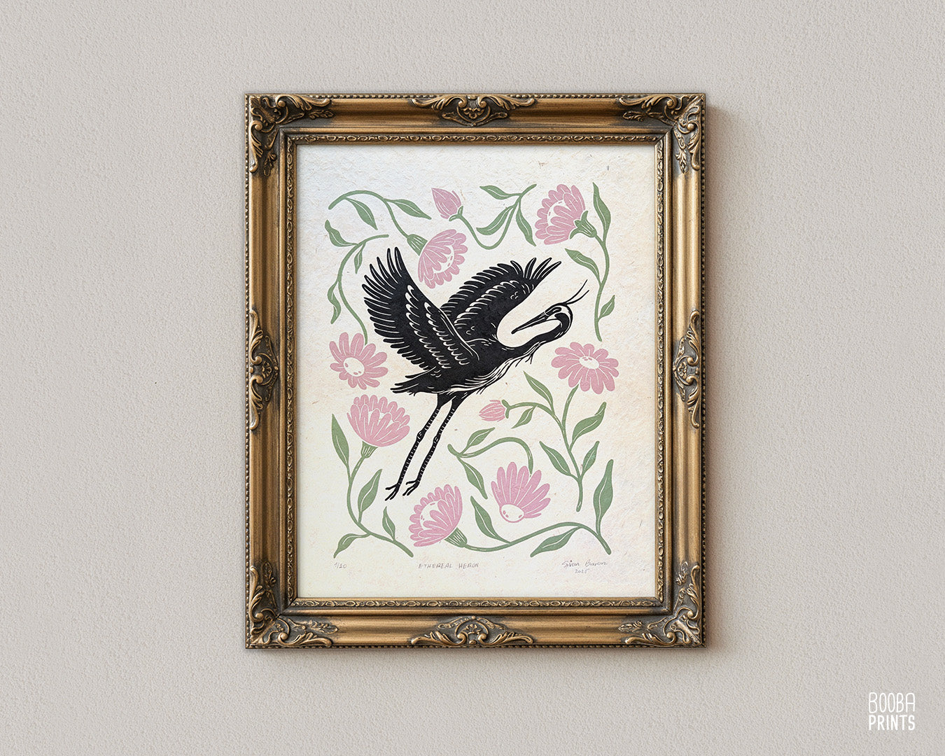 Heron and Flowers Linocut Print ✷ Ethereal Heron Nature Wall Art