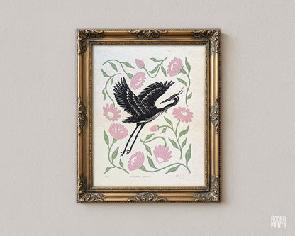 Heron and Flowers Linocut Print ✷ Ethereal Heron Nature Wall Art