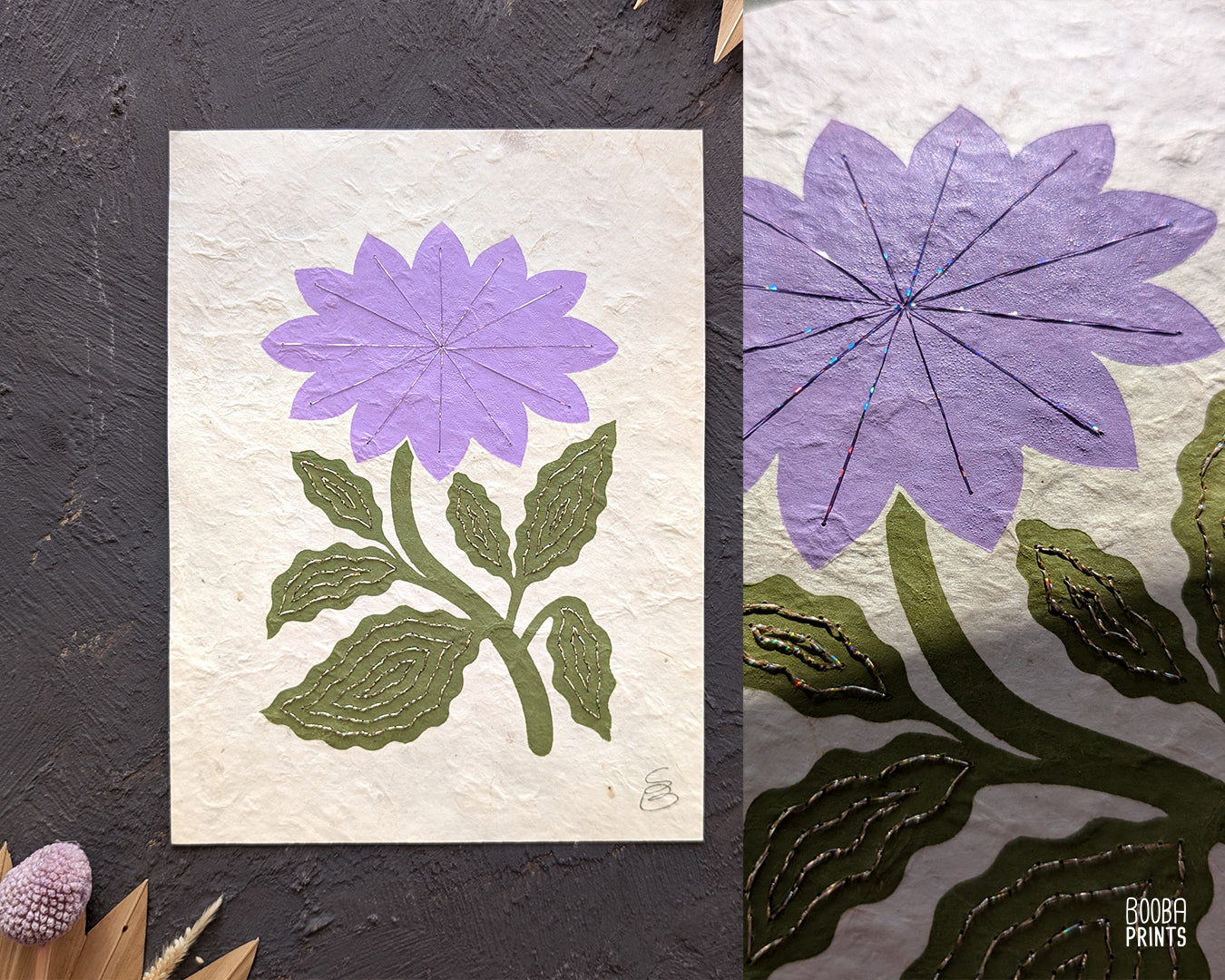 Flower Linocut Print Green & Purple Stylized "Diamond Flower" ✷ Hand Embroidered Original Artwork