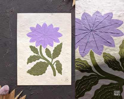 Flower Linocut Print Green & Purple Stylized "Diamond Flower" ✷ Hand Embroidered Original Artwork