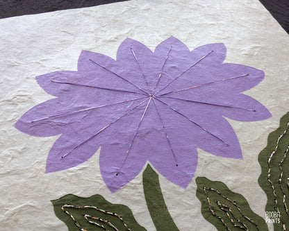 Flower Linocut Print Green & Purple Stylized "Diamond Flower" ✷ Hand Embroidered Original Artwork