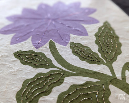Flower Linocut Print Green & Purple Stylized "Diamond Flower" ✷ Hand Embroidered Original Artwork