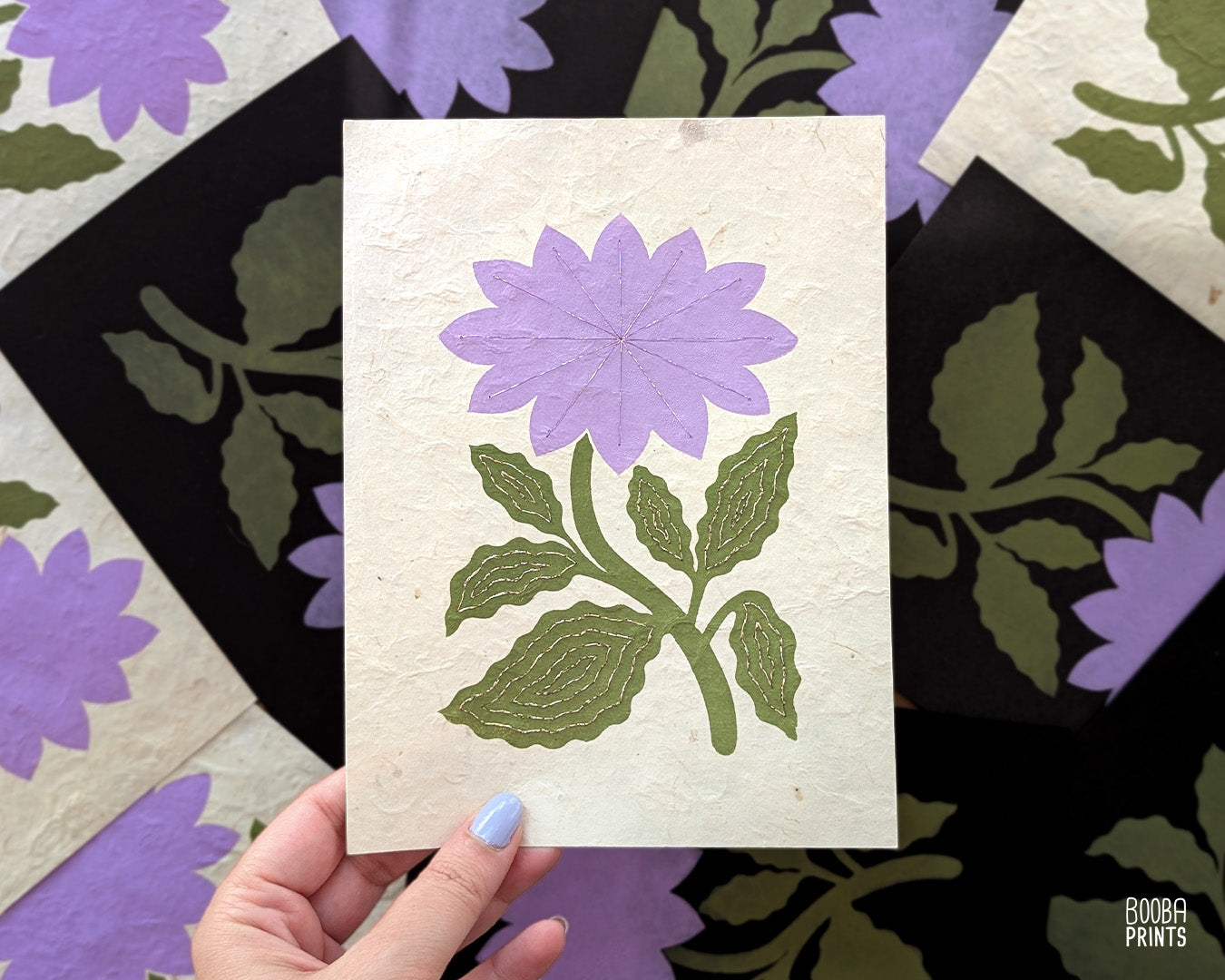 Flower Linocut Print Green & Purple Stylized "Diamond Flower" ✷ Hand Embroidered Original Artwork