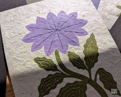 Flower Linocut Print Green & Purple Stylized "Diamond Flower" ✷ Hand Embroidered Original Artwork