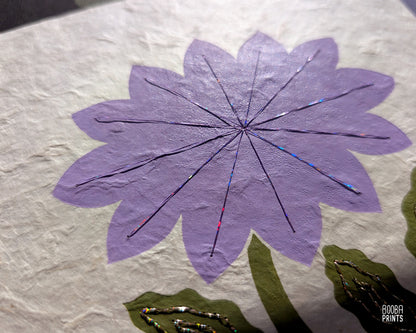 Flower Linocut Print Green & Purple Stylized "Diamond Flower" ✷ Hand Embroidered Original Artwork