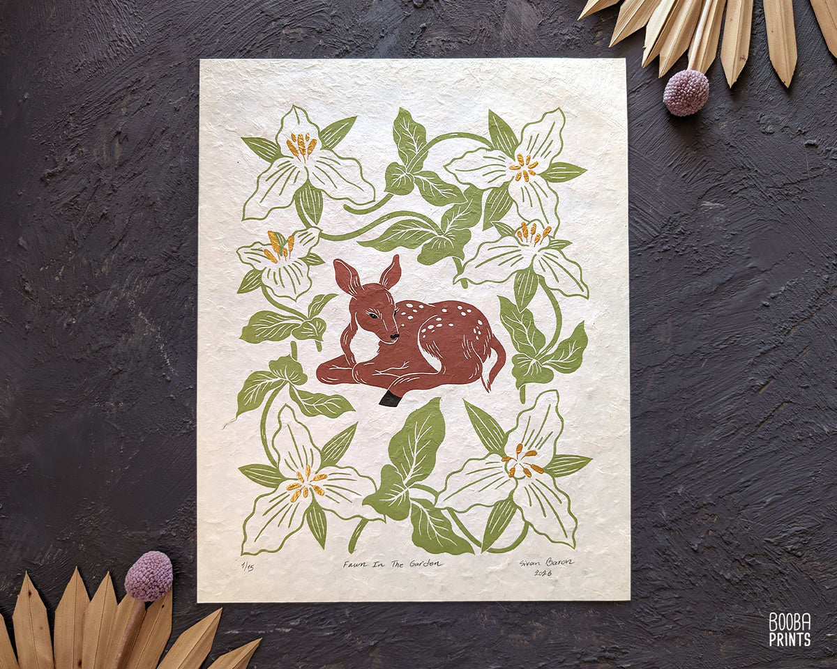 Deer and White Trillium flowers ✷ Fawn In The Garden Original Print