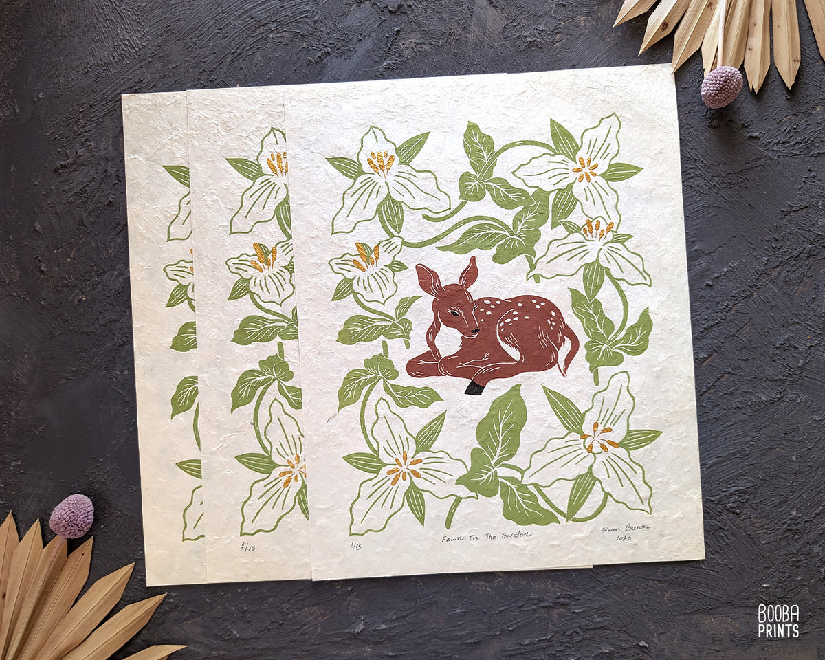 Deer and White Trillium flowers ✷ Fawn In The Garden Original Print