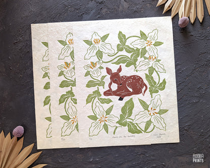 Deer and White Trillium flowers ✷ Fawn In The Garden Original Print