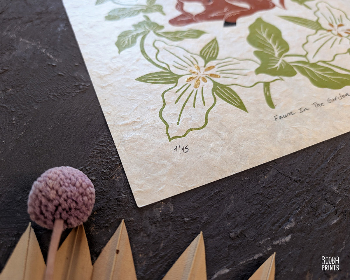 Deer and White Trillium flowers ✷ Fawn In The Garden Original Print