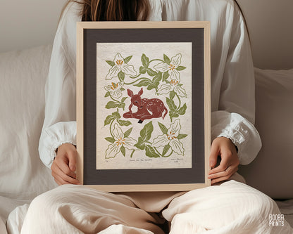 Deer and White Trillium flowers ✷ Fawn In The Garden Original Print