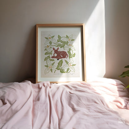 Deer and White Trillium flowers ✷ Fawn In The Garden Original Print