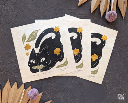 Cat Eating Leaf Linocut Print "Mess Maker" ✷ Whimsical Cat Art