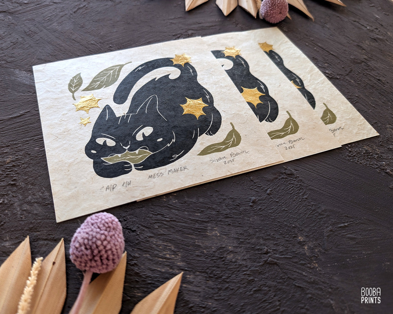 Cat Eating Leaf Linocut Print "Mess Maker" ✷ Whimsical Cat Art