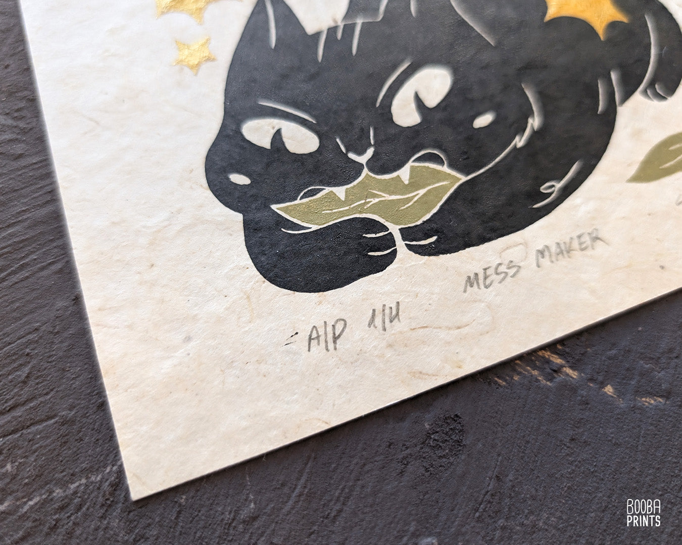 Cat Eating Leaf Linocut Print "Mess Maker" ✷ Whimsical Cat Art